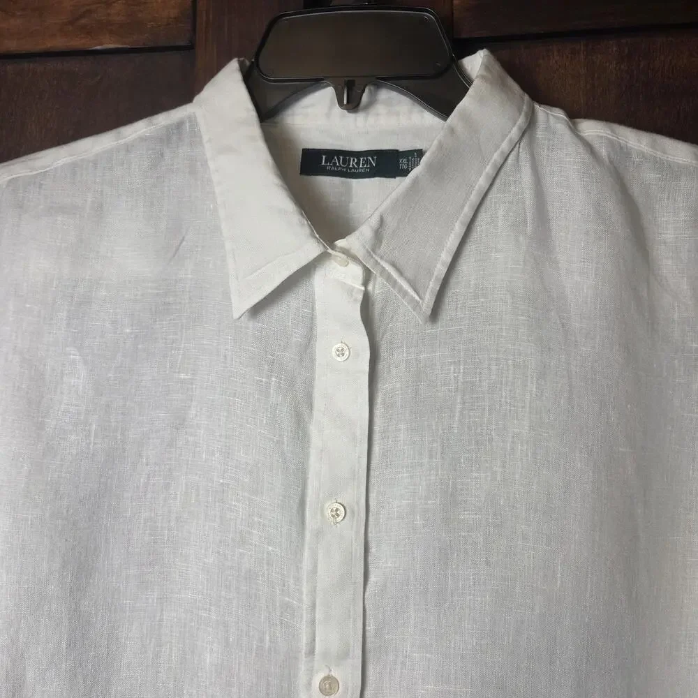 Lauren Ralph Lauren Shirt Womens XXL White Linen Button Up Roll Tab Long Sleeve - Picture 2 of 9